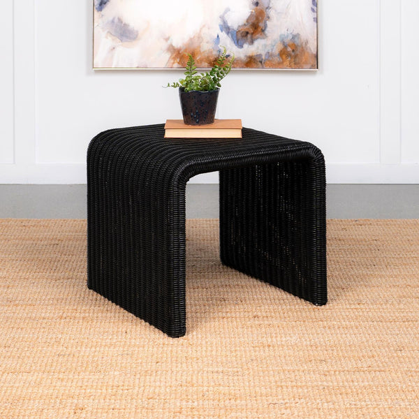 Cahya black woven rattan square end table side angle
