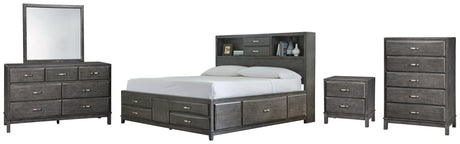Side view of Caitbrook Gray Bedroom Set bed showing storage drawers