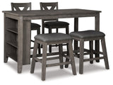 Caitbrook gray counter height dining table side shelves and barstools angled view