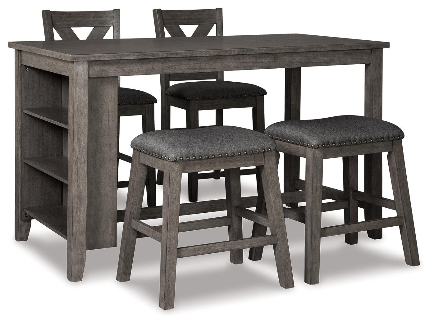 Caitbrook gray counter height dining table side shelves and barstools angled view