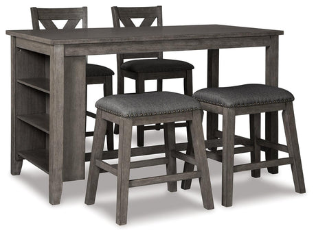 Caitbrook gray counter height dining table side shelves and barstools angled view