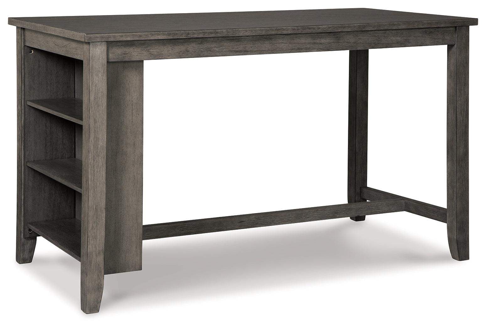 Close-up of gray upholstered barstool with nailhead trim