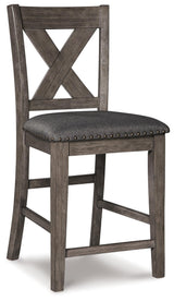 Four barstools around gray counter height dining table