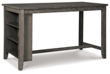 Side view of gray antiqued finish dining table with fixed shelves