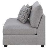 Cambria Grey Upholstered Armless Accent Chair showing birch feet
