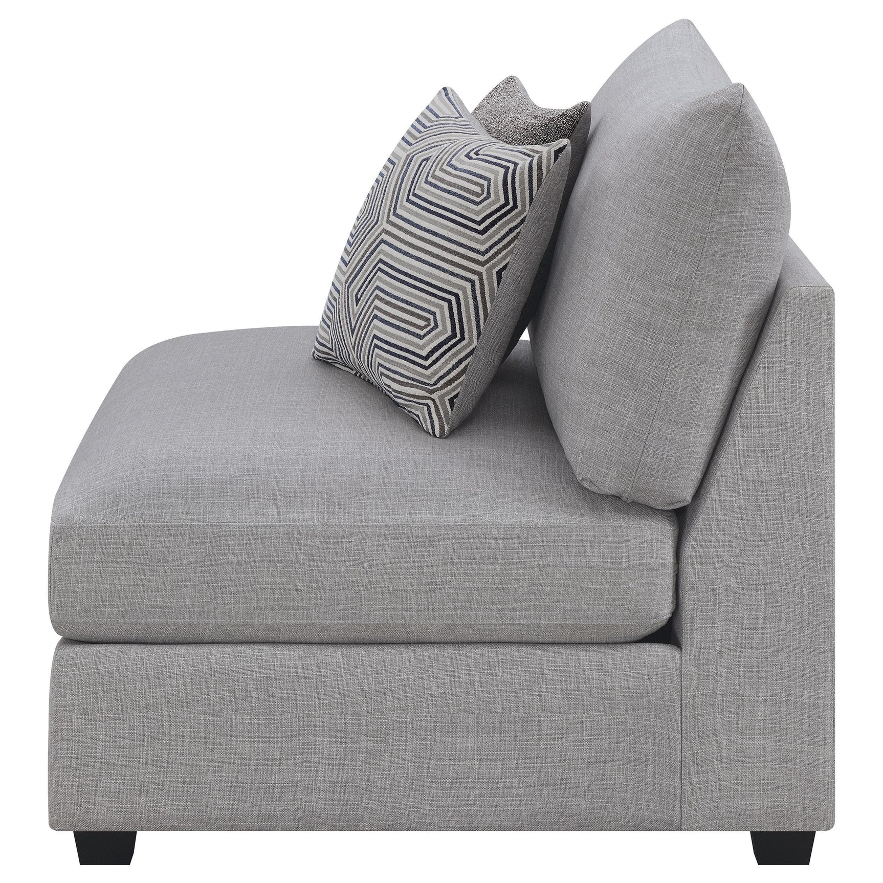 Cambria Grey Upholstered Armless Accent Chair showing birch feet