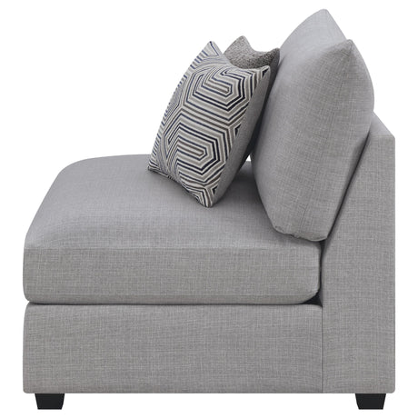 Cambria Grey Upholstered Armless Accent Chair showing birch feet