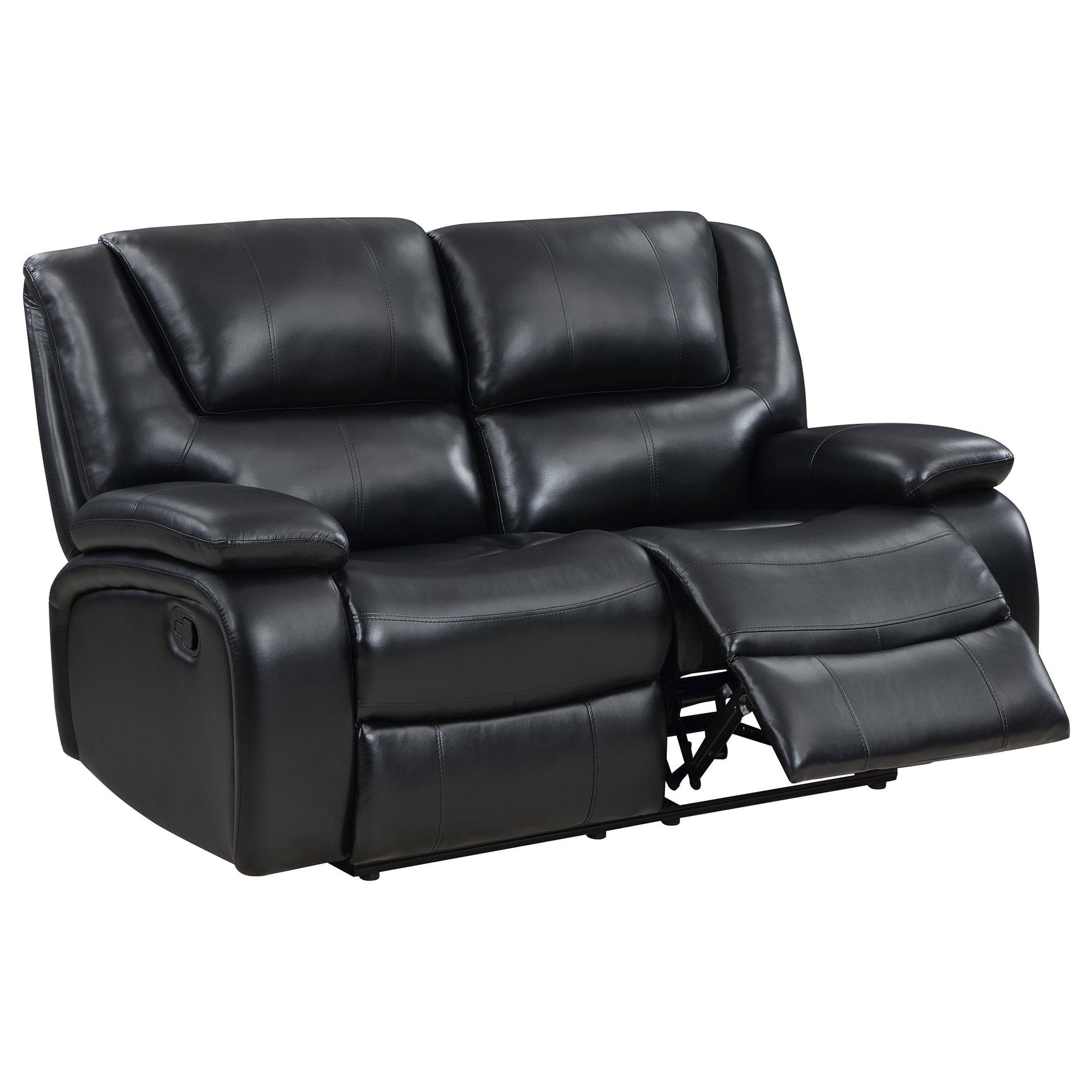 Black leatherette upholstery texture detail on Camila sofa