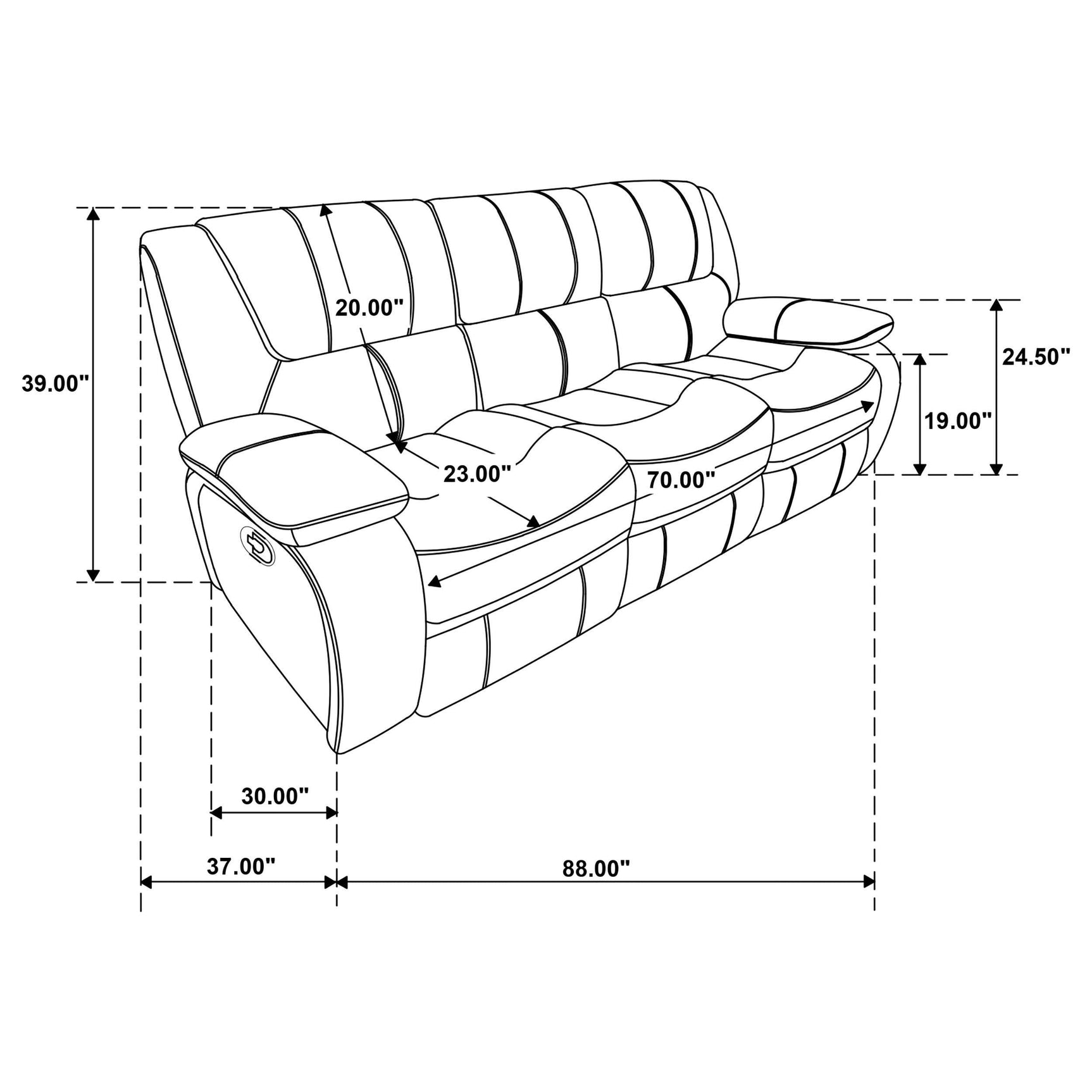 Camila loveseat seat depth and width detail