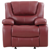 Side view of Camila Glider Recliner in red faux leather