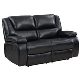 Camila Reclining Loveseat in Black Leatherette, front view