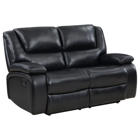 Camila Reclining Loveseat in Black Leatherette, front view