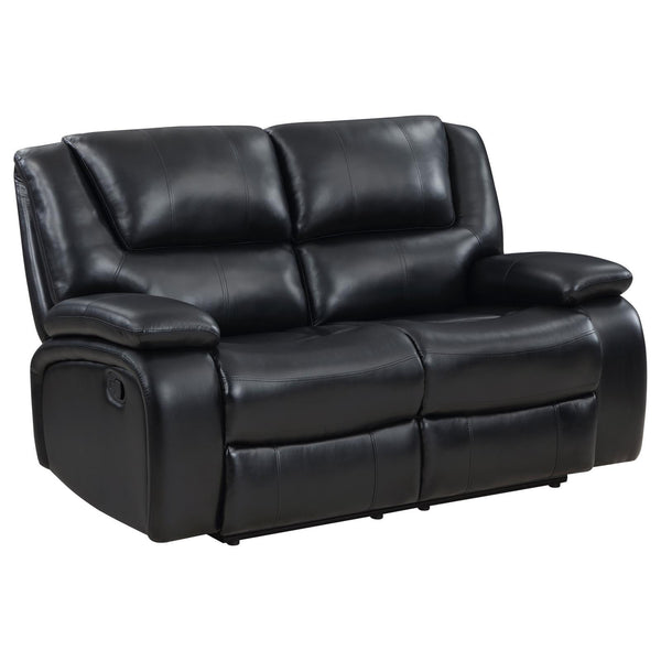 Camila Reclining Loveseat in Black Leatherette, front view