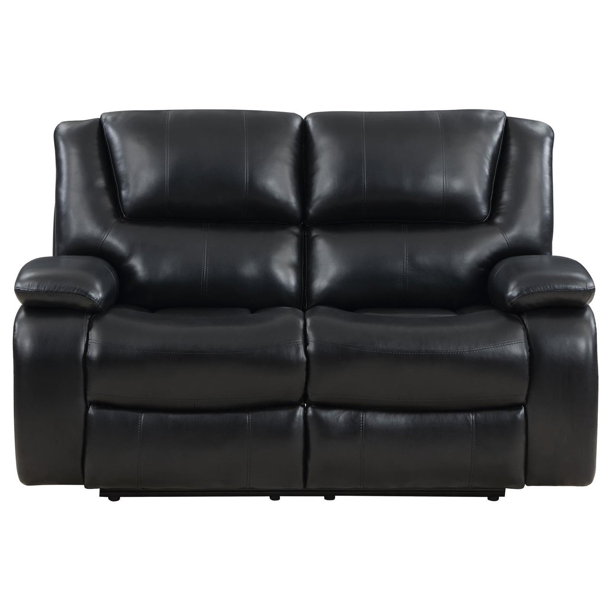 Close-up of black leatherette upholstery and padded armrest