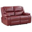 Camila red faux leather reclining loveseat, side angle