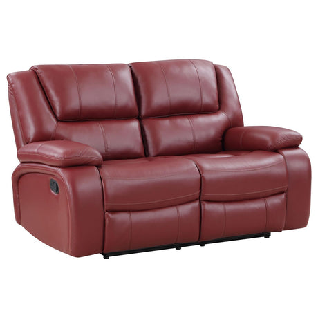 Camila red faux leather reclining loveseat, side angle