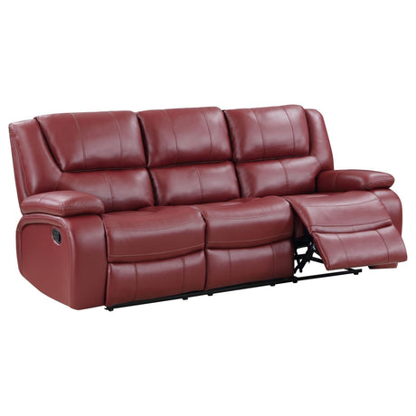 Camila red upholstered motion reclining sofa in faux leather front view