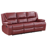 Camila red upholstered motion reclining sofa in reclined position