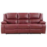 Camila red upholstered motion reclining sofa detailed armrest view
