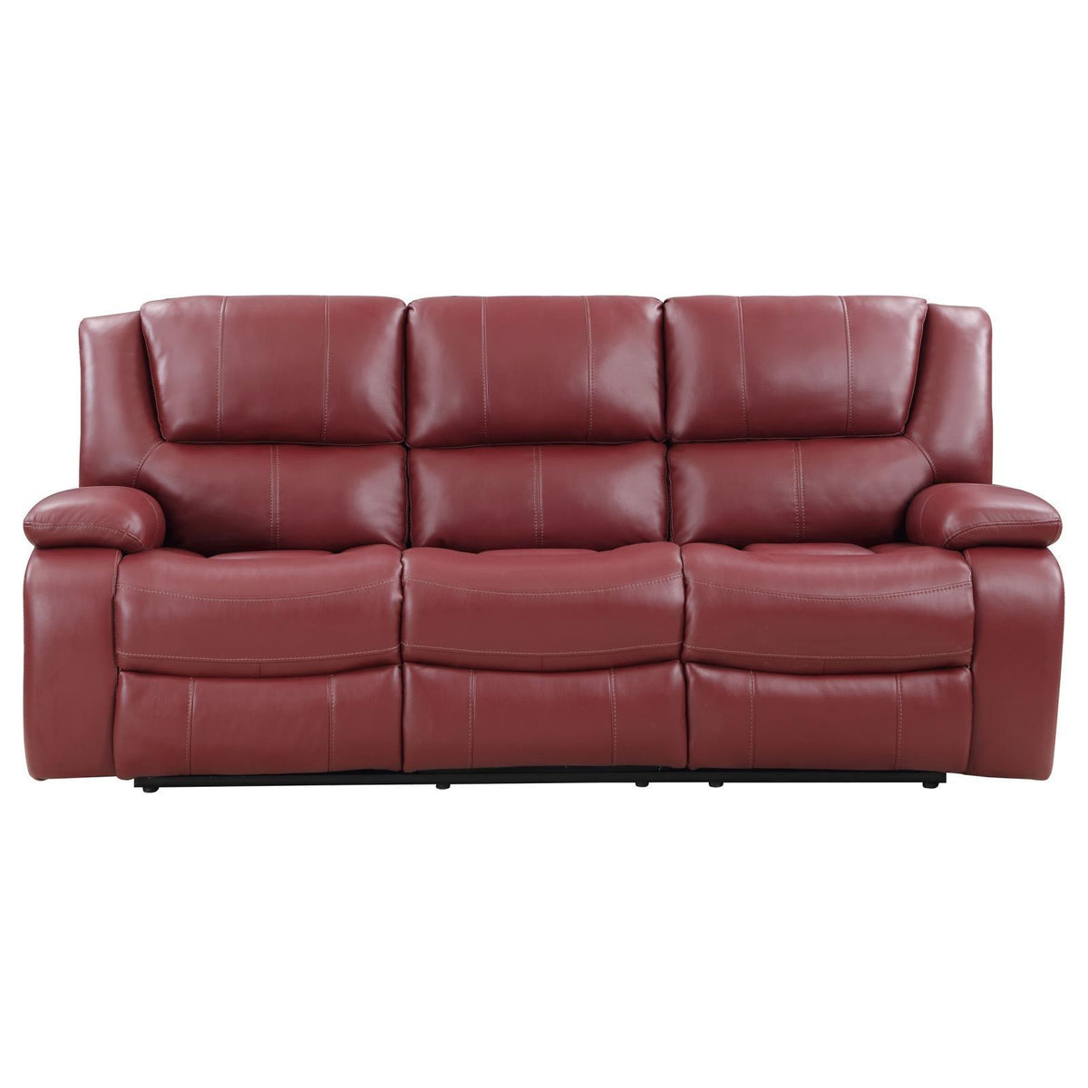 Camila red upholstered motion reclining sofa detailed armrest view