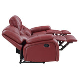 Camila red upholstered motion reclining sofa stitching detail