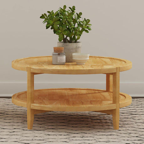Camillo solid wood coffee table round shape with lower shelf side view