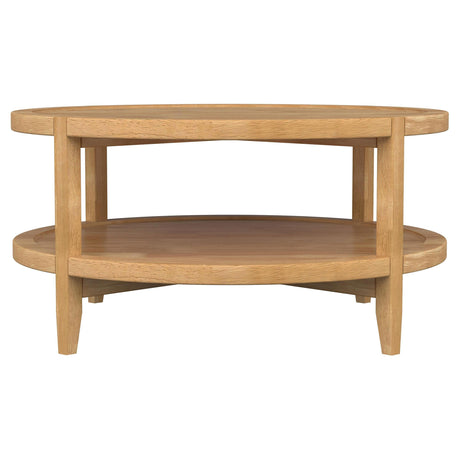 Camillo round coffee table in maple brown on living room floor
