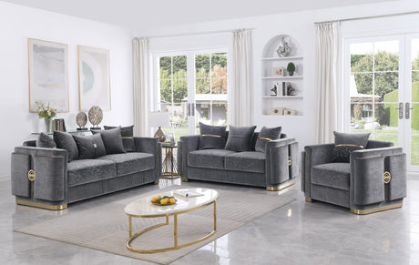 Capri Grey Fabric Sofa and Loveseat Set with Gold Accents and Pillows from Decor Furniture