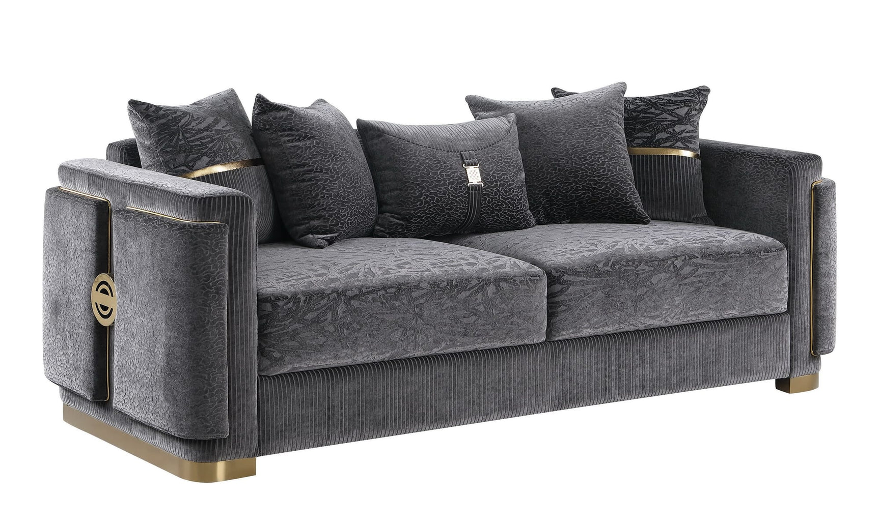 Capri Grey Fabric Sofa and Loveseat Set with Gold Accents and Pillows view 2