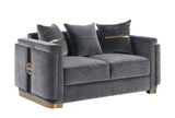 Capri Grey Fabric Sofa and Loveseat Set with Gold Accents and Pillows view 3