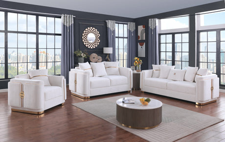 Capri White Fabric Sofa and Loveseat Set with Gold Accents and Pillows from Decor Furniture
