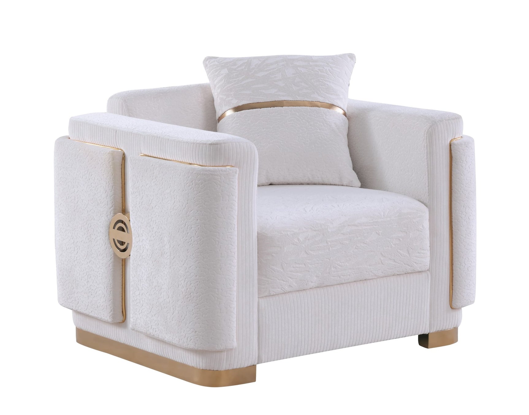 Capri White Fabric Sofa and Loveseat Set with Gold Accents and Pillows view 4