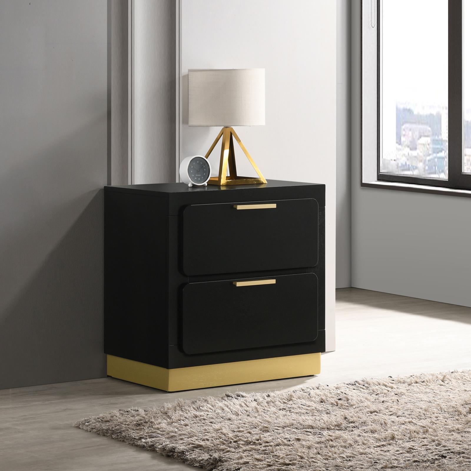 Caraway black 2-drawer nightstand angled side view
