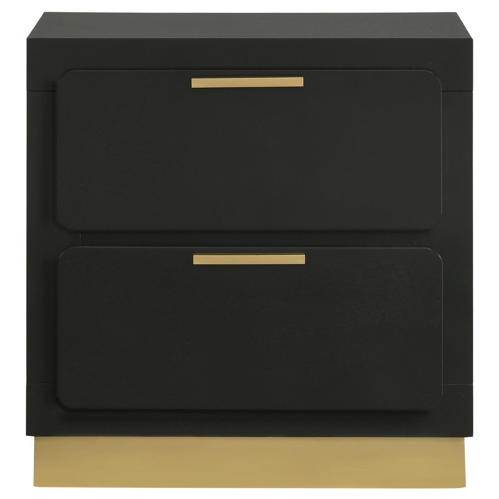 Caraway nightstand drawer detail with metallic gold embellishments