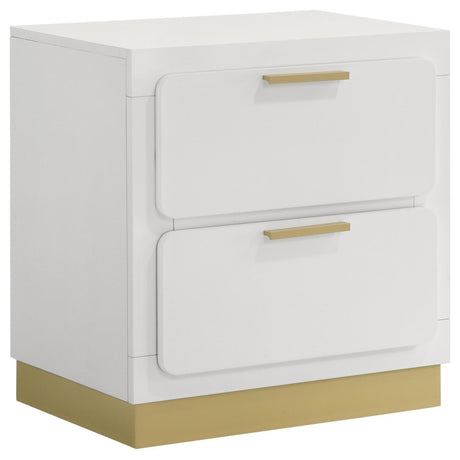 Caraway white 2-drawer nightstand angled view showing drawer fronts and gold hardware
