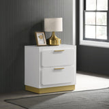 Close-up of Caraway nightstand drawer with gold plastic pull handle