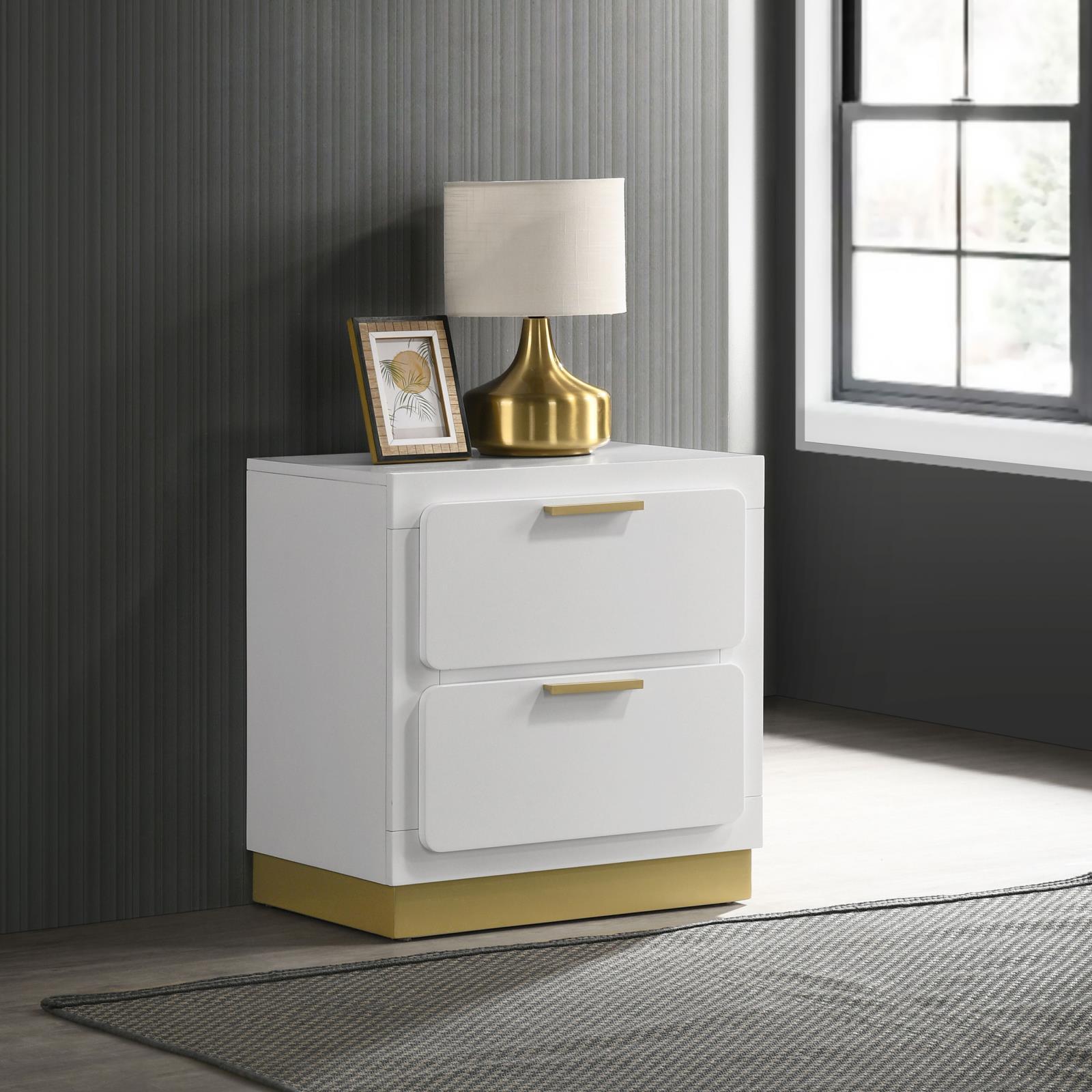 Close-up of Caraway nightstand drawer with gold plastic pull handle