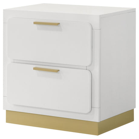 Side view of Caraway nightstand showing wood construction and plastic glide feet