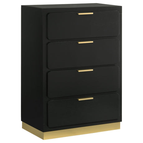 Caraway 4-drawer black bedroom chest, front view