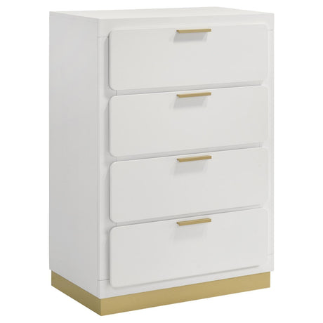 Caraway white 4-drawer bedroom chest, angled front view