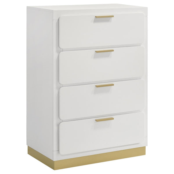 Caraway white 4-drawer bedroom chest, angled front view