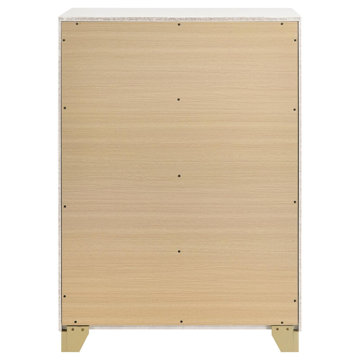 Bottom front view of Caraway white chest showing plastic glides
