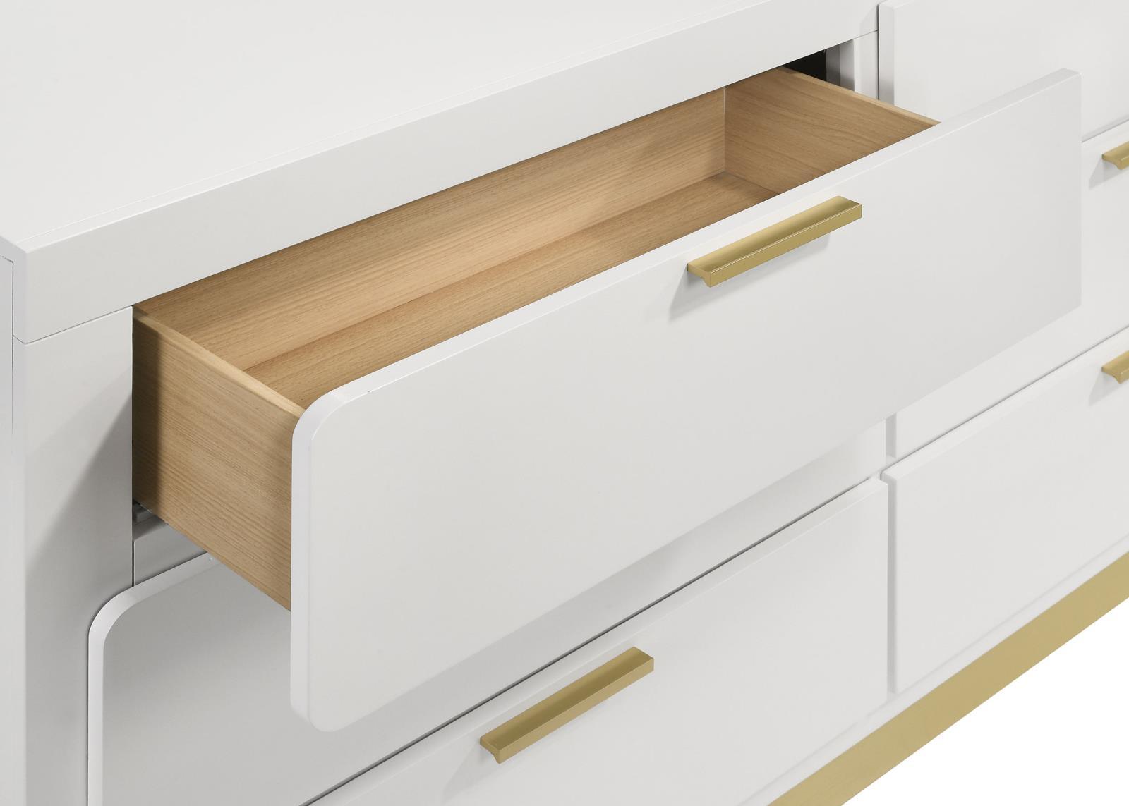 Underside view highlighting plastic floor glides on dresser