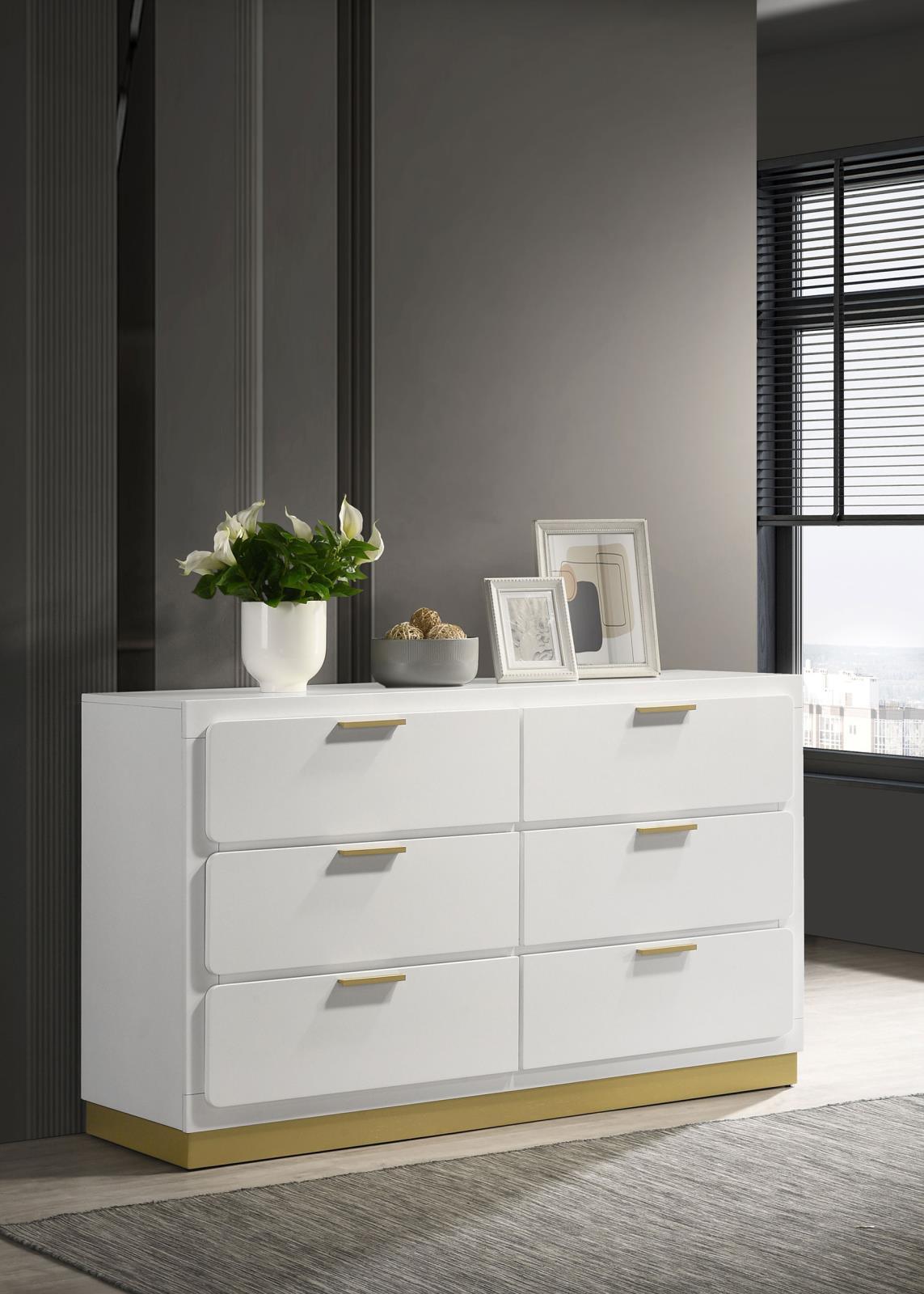 Side angle of Caraway 6-Drawer White Bedroom Dresser showing drawer depth