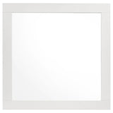 Close-up of white wood frame on dresser mirror