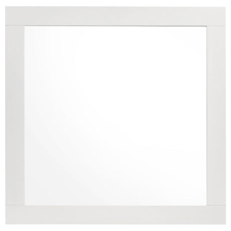 Close-up of white wood frame on dresser mirror