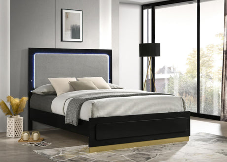 Caraway Eastern King Bed with LED Headboard Black and Grey front view