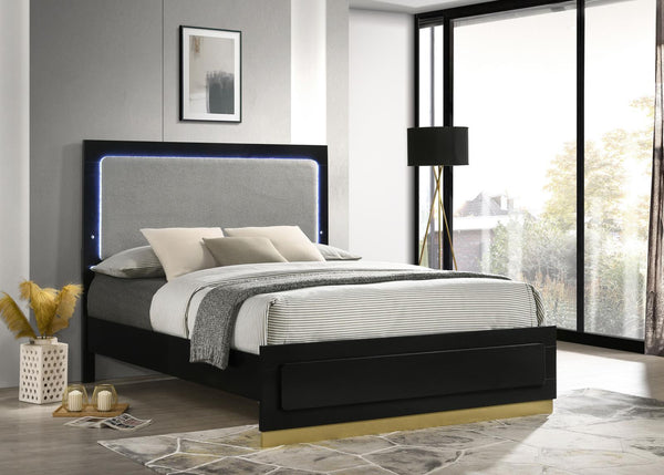 Caraway Queen Bed with LED Headboard Black and Grey angled side view