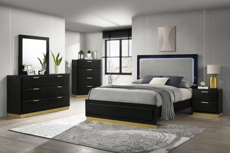 Caraway Queen Bed with LED Headboard Black and Grey bedroom setup