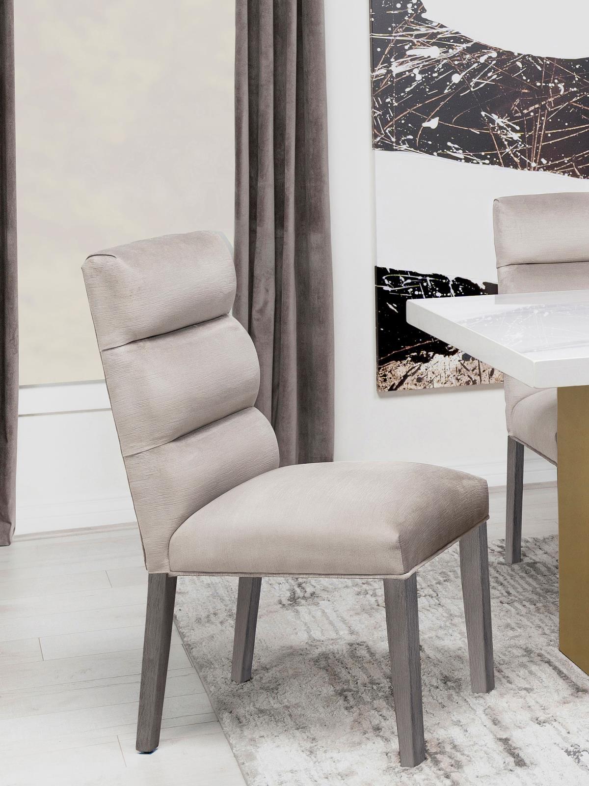 Carla Upholstered Dining Side Chair Stone, side view showing tapered legs